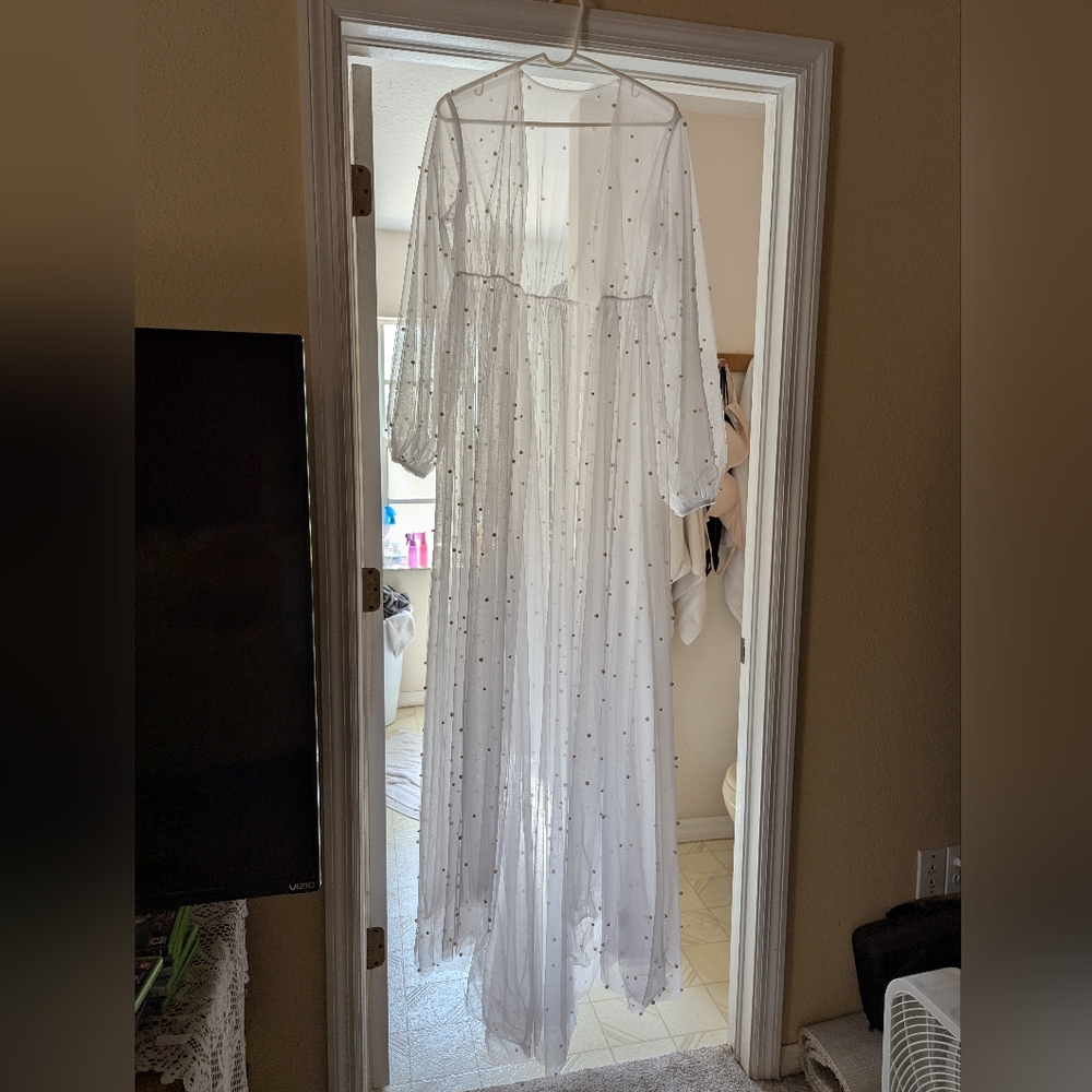 Sheer White Maxi Dress with Polka Dots